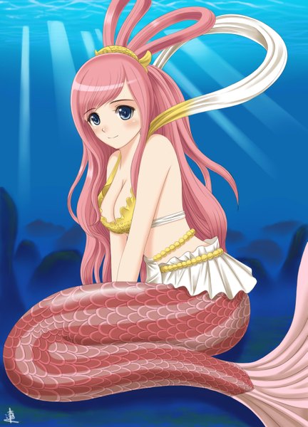 Anime picture 2125x2952 with one piece toei animation shirahoshi xiao lian single long hair tall image blush highres blue eyes light erotic signed pink hair girl bikini top mermaid