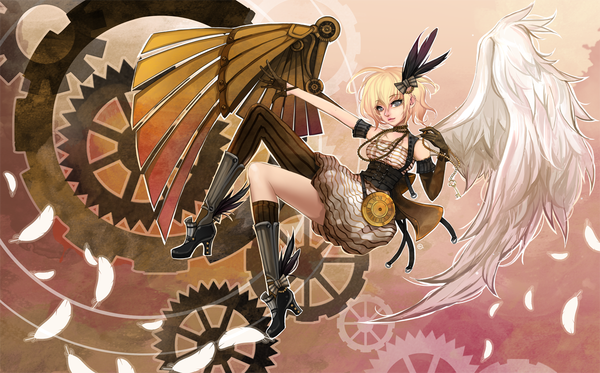 Anime picture 1195x744 with jinkimania (artist) single short hair blonde hair wide image grey eyes angel wings mechanical wings girl thighhighs gloves hair ornament bow wings elbow gloves feather (feathers) clock single thighhigh beads pocket watch