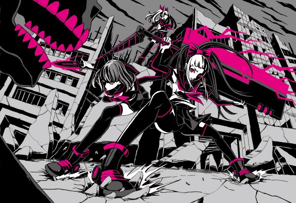 Anime picture 1200x824 with original k (katokenrock) long hair short hair twintails multiple girls ponytail pleated skirt pink eyes wind monochrome cityscape ruins electricity girl thighhighs uniform bow ribbon (ribbons) weapon