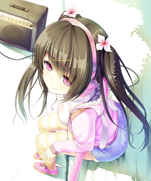 Anime picture 1000x1200 with original peragura single long hair tall image looking at viewer black hair purple eyes twintails hair flower girl thighhighs hair ornament flower (flowers) headphones striped thighhighs