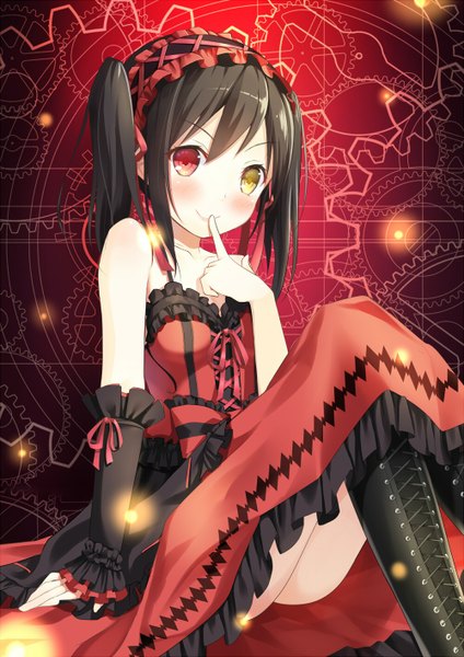 Anime picture 1000x1414 with love live! school idol project date a live sunrise (studio) love live! yazawa nico tokisaki kurumi sumikko no aria single long hair tall image looking at viewer blush black hair smile twintails bare shoulders heterochromia crossed legs finger to mouth lolita fashion