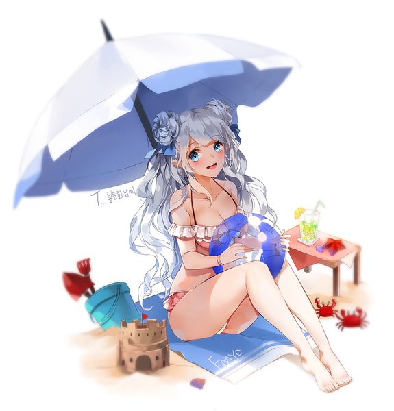 Anime picture 1000x1044 with original emyo single long hair tall image looking at viewer open mouth blue eyes light erotic sitting twintails signed silver hair full body :d blurry hair bun (hair buns) beach wavy hair girl