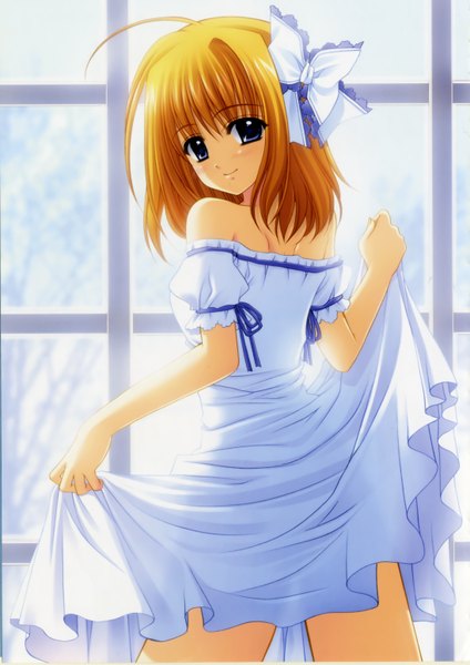 Anime picture 2191x3098 with shuffle! fuyou kaede single tall image blush highres short hair smile bare shoulders ahoge looking back orange hair girl dress bow hair bow