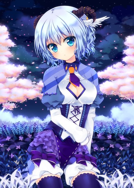 Anime picture 777x1087 with original konno kengo single tall image looking at viewer blush short hair blue eyes blue hair horn (horns) girl thighhighs dress flower (flowers) black thighhighs petals