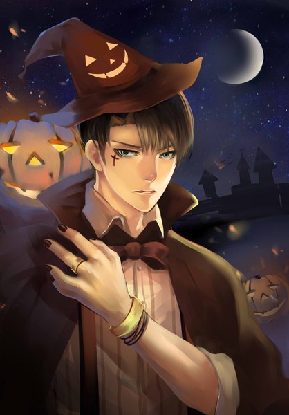 Anime picture 1024x1468 with shingeki no kyojin production i.g levi (rivaille) monsohot single tall image looking at viewer short hair black hair green eyes nail polish night alternate costume night sky halloween crescent face paint hand on shoulder boy bracelet