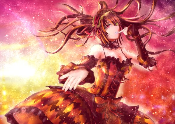 Anime picture 1403x992 with date a live tokisaki kurumi single long hair black hair twintails bare shoulders heterochromia finger to mouth girl dress detached sleeves frills headdress