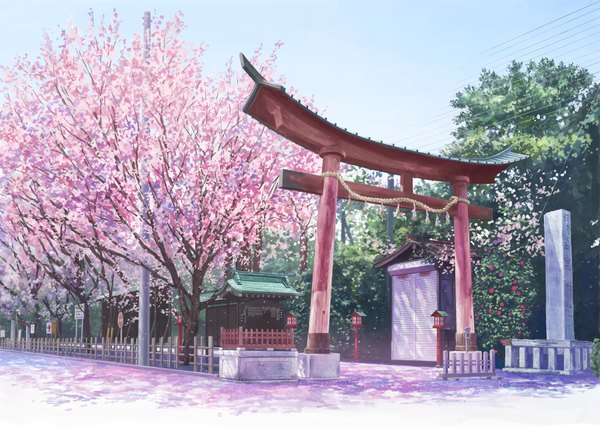 Anime picture 1800x1281 with original isou nagi highres cherry blossoms no people landscape plant (plants) petals tree (trees) torii