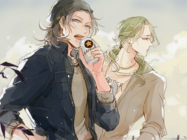 Anime picture 800x600 with yowamushi pedal sapporo (beer) toudou jinpachi makishima yuusuke cookon long hair looking at viewer short hair open mouth blue eyes black hair looking away outdoors profile green hair open clothes open jacket multiple boys hand in pocket casual