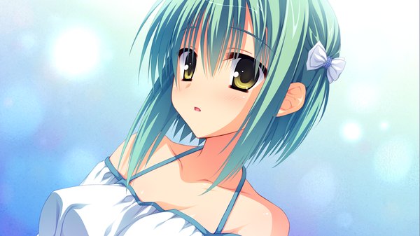 Anime picture 1280x720 with noble works tsukiyama sena muririn single looking at viewer short hair open mouth simple background wide image bare shoulders yellow eyes game cg green hair face girl bow hair bow