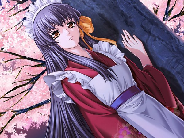 Anime picture 1024x768 with haruiro communication kamiyama tsubaki single long hair looking at viewer fringe black hair standing yellow eyes payot game cg outdoors traditional clothes japanese clothes wide sleeves maid dutch angle cherry blossoms floral print against tree