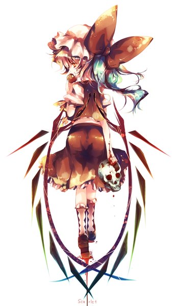 Anime picture 1024x1800 with touhou flandre scarlet kirero (pixiv) single long hair tall image simple background white background looking back multicolored hair from behind orange eyes girl skirt bow hat wings boots blood skirt set