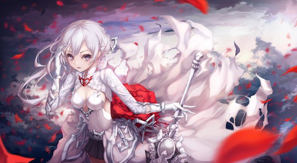 Anime picture 1024x563 with sinoalice snow white (sinoalice) h2o (dfo) single long hair looking at viewer fringe breasts open mouth hair between eyes wide image standing purple eyes holding cleavage upper body white hair long sleeves parted lips from above