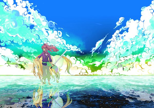 Anime picture 1169x828 with twelve kingdoms nakajima youko keiki tagme (artist) long hair looking at viewer blue eyes standing holding green eyes pink hair sky cloud (clouds) ponytail reflection girl weapon animal sword water