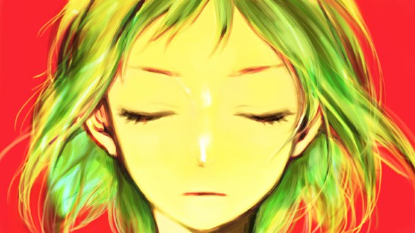 Anime picture 1134x638 with vocaloid gumi weda (artist) single short hair simple background wide image eyes closed green hair close-up face red background girl