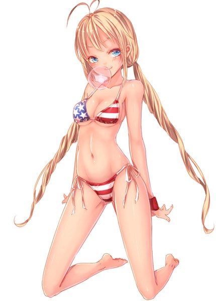 Anime picture 600x837 with kyara36 single long hair tall image blush fringe blue eyes light erotic simple background blonde hair smile standing white background twintails bare shoulders bent knee (knees) barefoot bare belly bare legs no shoes