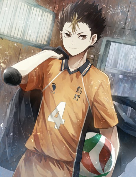 Anime picture 640x832 with haikyuu!! production i.g nishinoya yuu angel31424 single tall image looking at viewer short hair black hair brown eyes multicolored hair light smile two-tone hair streaked hair volleyball boy uniform school uniform gym uniform ball