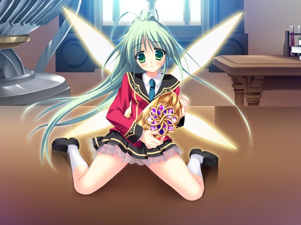 Anime picture 1600x1200 with yumemiru tsuki no lunalutia fairy (yumemiru tsuki) hinamatsuri touko single long hair blush sitting green eyes game cg ahoge ponytail green hair wariza minigirl girl uniform school uniform wings socks window