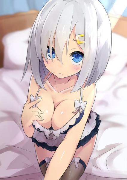 Anime picture 1000x1412 with kantai collection hamakaze destroyer ichijou (kr neru0) single tall image looking at viewer blush fringe short hair breasts blue eyes light erotic hair between eyes large breasts sitting bare shoulders cleavage silver hair indoors from above