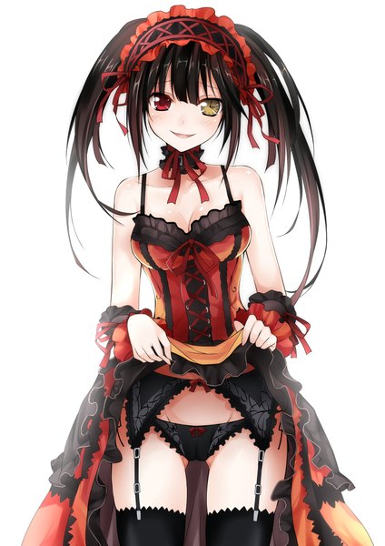 Anime picture 1400x1980 with date a live tokisaki kurumi qiuzhi huiyi single long hair tall image looking at viewer blush fringe breasts open mouth light erotic black hair simple background smile red eyes white background twintails bare shoulders holding