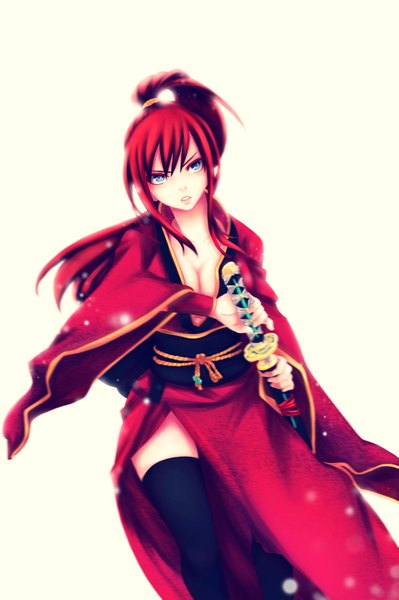 Anime picture 1131x1699 with fairy tail erza scarlet northdream single long hair tall image blue eyes simple background white background ponytail red hair japanese clothes coloring girl thighhighs weapon black thighhighs sword belt kimono
