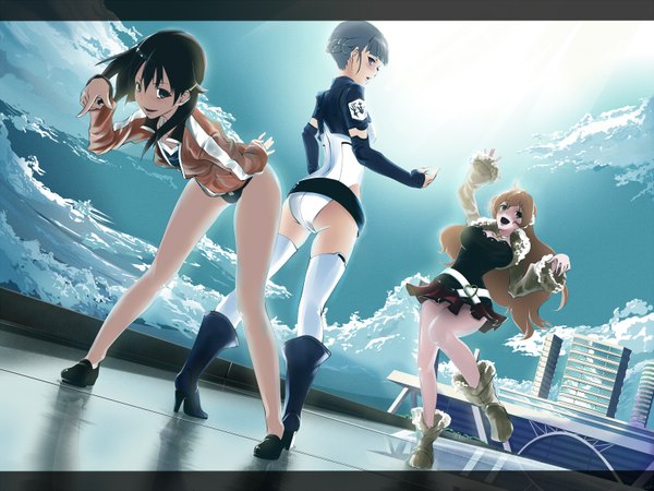 Anime picture 1600x1200 with rinne no lagrange production i.g fin e ld si laffinty kyouno madoka muginami poker-face-008 long hair blush short hair open mouth black hair brown hair multiple girls green eyes blue hair sky cloud (clouds) black eyes letterboxed girl