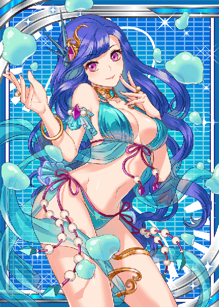 Anime picture 640x896 with shinkai no valkyrie kelpie single tall image looking at viewer fringe breasts light erotic smile large breasts standing blue hair purple hair very long hair head tilt pink eyes official art bare belly bare legs sparkle