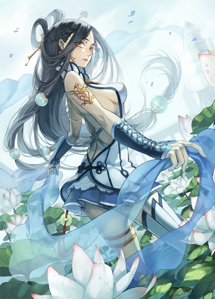 Anime picture 720x1000 with original newrein (artist) single tall image looking at viewer breasts light erotic black hair standing bare shoulders holding brown eyes very long hair nail polish no bra from below back lacing hair ornament flower (flowers)