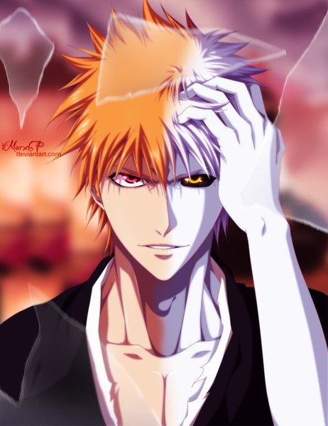 Anime picture 800x1038 with bleach studio pierrot kurosaki ichigo eroishi single tall image looking at viewer short hair red eyes yellow eyes white hair traditional clothes japanese clothes multicolored hair orange hair two-tone hair heterochromia coloring hand on head pale skin