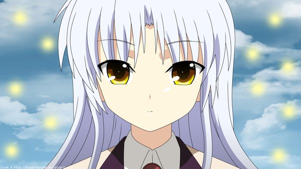 Anime picture 4244x2390 with angel beats! key (studio) tachibana kanade single long hair highres wide image yellow eyes absurdres sky cloud (clouds) white hair portrait face vector girl uniform school uniform