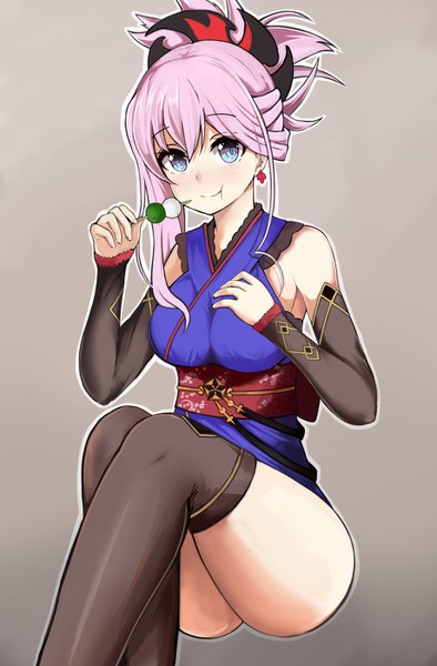 Anime picture 920x1400 with fate (series) fate/grand order miyamoto musashi (fate) koenza botoke single long hair tall image looking at viewer blush fringe blue eyes light erotic simple background smile hair between eyes sitting pink hair ass grey background embarrassed