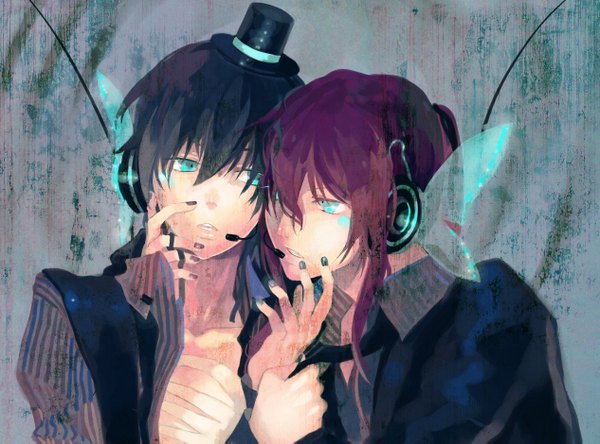 Anime picture 2532x1877 with vocaloid magnet (vocaloid) kaito (vocaloid) kamui gakupo kaninnvven highres black hair purple hair nail polish aqua eyes grey background boy hat headphones mini hat mini top hat