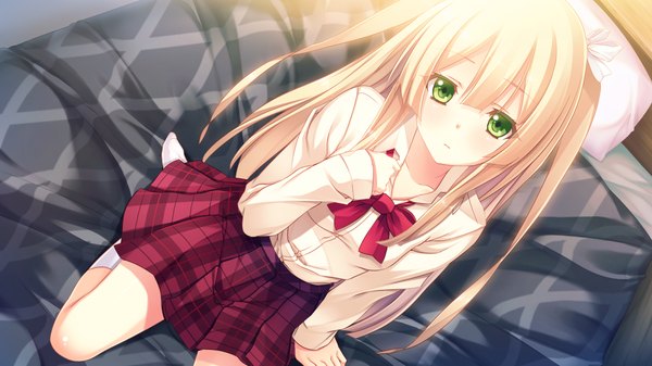 Anime picture 1280x720 with innocent bullet yasouji ai single long hair blush blonde hair wide image green eyes game cg two side up girl skirt uniform school uniform shirt bed