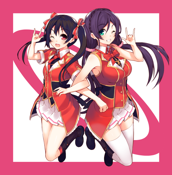 Anime picture 823x842 with love live! school idol project sunrise (studio) love live! yazawa nico toujou nozomi ponkotsu (ayarosu) long hair tall image looking at viewer blush fringe breasts open mouth black hair smile red eyes twintails bare shoulders multiple girls green eyes