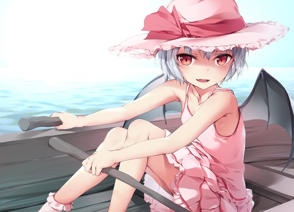 Anime picture 1518x1097 with touhou remilia scarlet chen bin single looking at viewer short hair open mouth red eyes sitting bare shoulders silver hair outdoors fang (fangs) sleeveless shaded face bat wings shiny dress hat wings