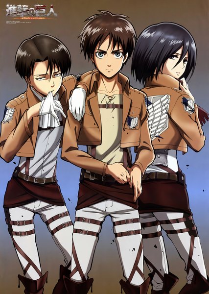 Anime picture 2500x3513 with shingeki no kyojin production i.g mikasa ackerman eren yaeger levi (rivaille) tall image looking at viewer highres short hair black hair brown hair green eyes official art multiple boys grey eyes girl boy gloves jacket belt