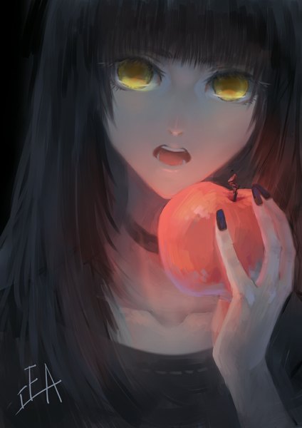 Anime picture 800x1131 with original cea single long hair tall image looking at viewer open mouth black hair simple background yellow eyes nail polish teeth black background pale skin girl dress food black dress fruit apple