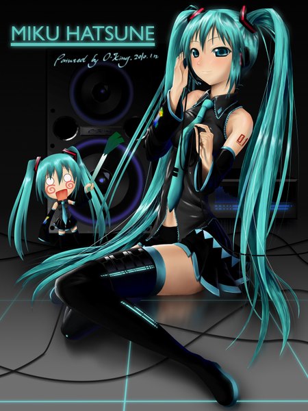 Anime picture 1500x2000 with vocaloid hatsune miku okingjo single long hair tall image twintails aqua eyes aqua hair chibi o o girl thighhighs skirt detached sleeves miniskirt necktie headphones wire (wires) speakers