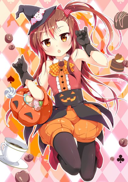 Anime picture 704x1000 with cafe-chan to break time cafe (cafe-chan to break time) porurin single long hair tall image looking at viewer blush brown hair brown eyes bent knee (knees) one side up halloween jumping girl gloves pantyhose black gloves food shorts