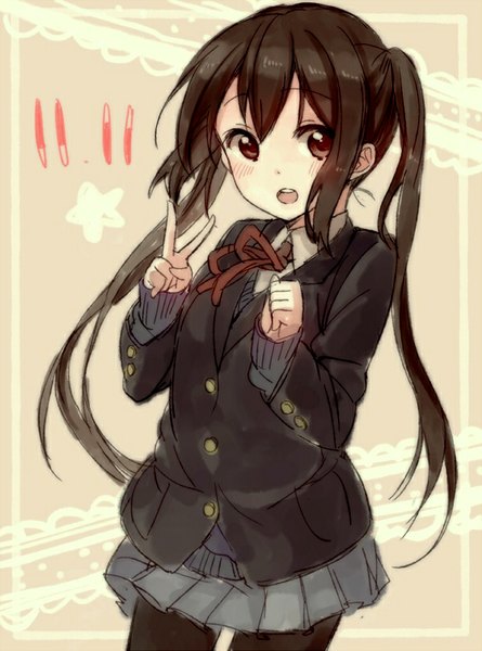 Anime picture 602x811 with k-on! kyoto animation nakano azusa krsk single long hair tall image blush open mouth black hair brown eyes looking away sketch girl skirt uniform school uniform miniskirt jacket