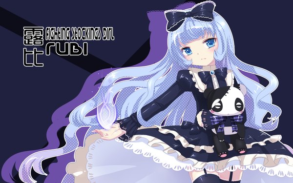 Anime picture 2000x1250 with mvv long hair highres blue eyes wide image blue hair loli zettai ryouiki lolita fashion girl thighhighs dress bow black thighhighs hair bow frills toy stuffed animal
