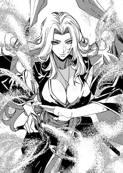 Anime picture 600x840 with bleach studio pierrot matsumoto rangiku pizaya single long hair tall image breasts light erotic large breasts traditional clothes japanese clothes mole monochrome mole under mouth sand girl weapon sword scarf