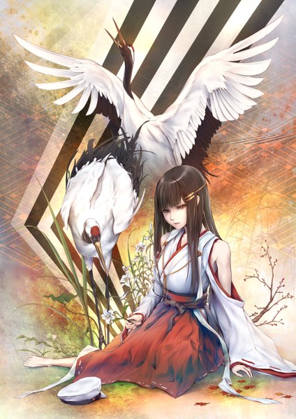 Anime picture 1131x1600 with kantai collection haruna battleship oki (koi0koi) single long hair tall image black hair bare shoulders brown eyes traditional clothes japanese clothes miko girl flower (flowers) animal wings bird (birds) crane (bird)