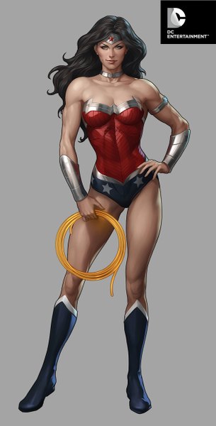 Anime picture 611x1200 with dc comics wonder woman artgerm (stanley lau) single long hair tall image blue eyes light erotic black hair simple background bare shoulders full body realistic inscription grey background hand on hip muscle superhero girl choker