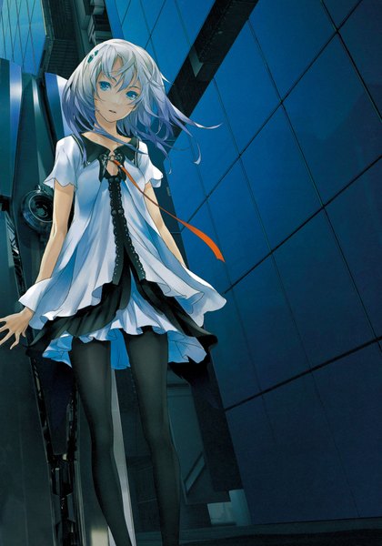 Anime picture 1200x1714 with beatless leicia redjuice single tall image short hair open mouth looking away aqua eyes wind scan aqua hair girl dress hair ornament ribbon (ribbons) pantyhose
