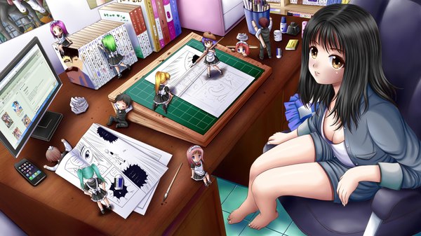 Anime picture 1920x1080 with original apple inc. ilolamai highres short hair black hair wide image brown eyes girl doll (dolls) monitor