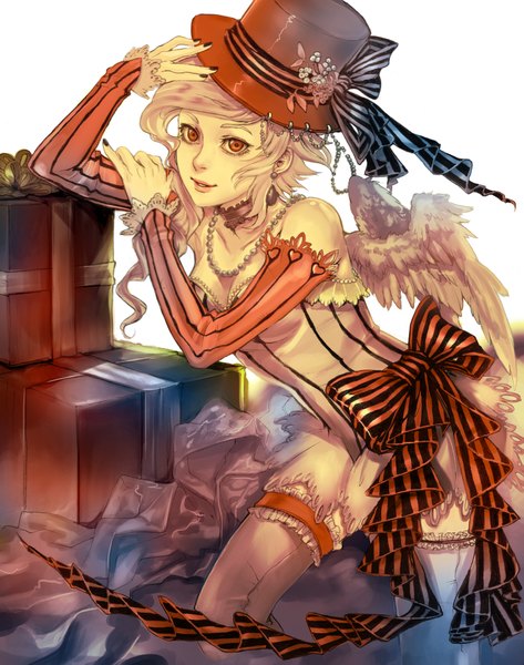 Anime picture 3149x3996 with razuri-chan single tall image looking at viewer highres short hair open mouth blonde hair red eyes absurdres orange eyes alternate costume girl bow hat detached sleeves wings heart jewelry gift