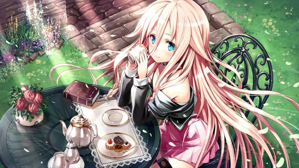 Anime picture 1000x562 with vocaloid ia (vocaloid) gabiran single long hair looking at viewer blue eyes wide image sitting bare shoulders holding pink hair braid (braids) parted lips pleated skirt twin braids girl skirt flower (flowers) miniskirt