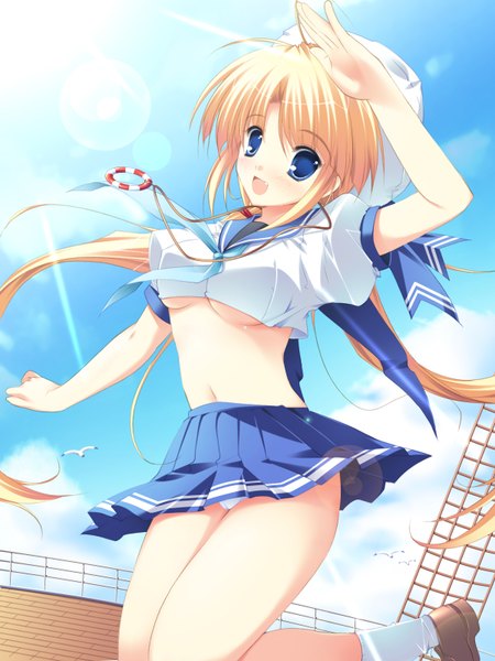 Anime picture 1200x1600 with mikeou single long hair tall image blue eyes light erotic blonde hair pantyshot jumping girl miniskirt serafuku