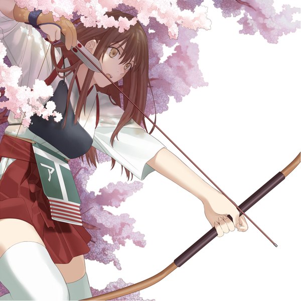 Anime picture 1703x1703 with kantai collection akagi aircraft carrier kosagi midori single long hair highres open mouth brown hair yellow eyes traditional clothes girl thighhighs weapon white thighhighs armor bow (weapon) arrow (arrows) breastplate muneate