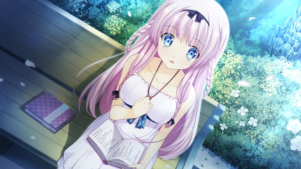 Anime picture 1280x720 with girls be ambitious! yuzuki fuuka mtu (orewamuzituda) single long hair looking at viewer open mouth blue eyes wide image sitting pink hair game cg girl dress book (books) bench